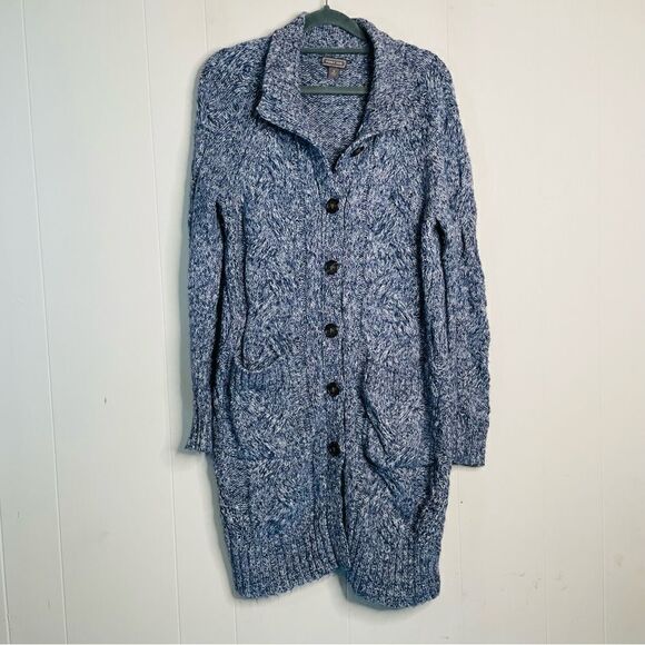 Point Sur Long Marled Blue Cable Knit Cardigan Sweater - Picture 1 of 6